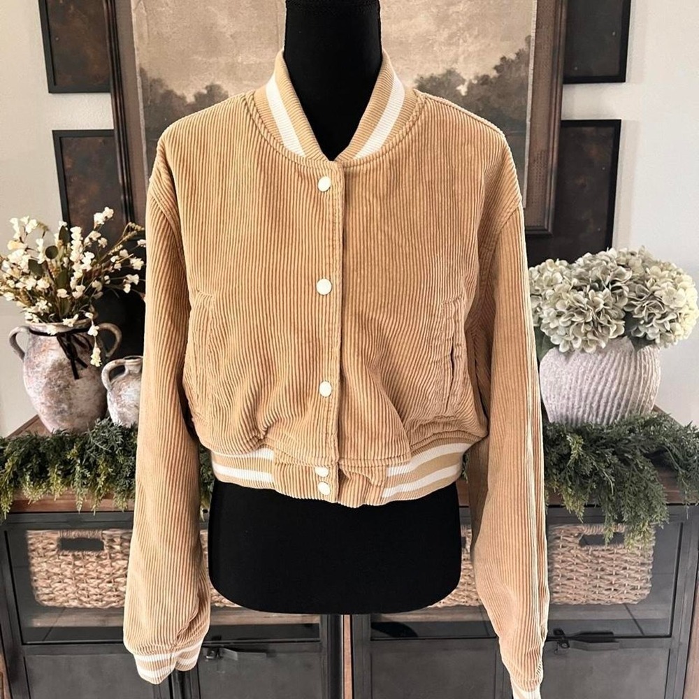 PacSun Tan Corduroy Cropped Bomber Jacket Varsity Striped Trim Fall Tan Medium